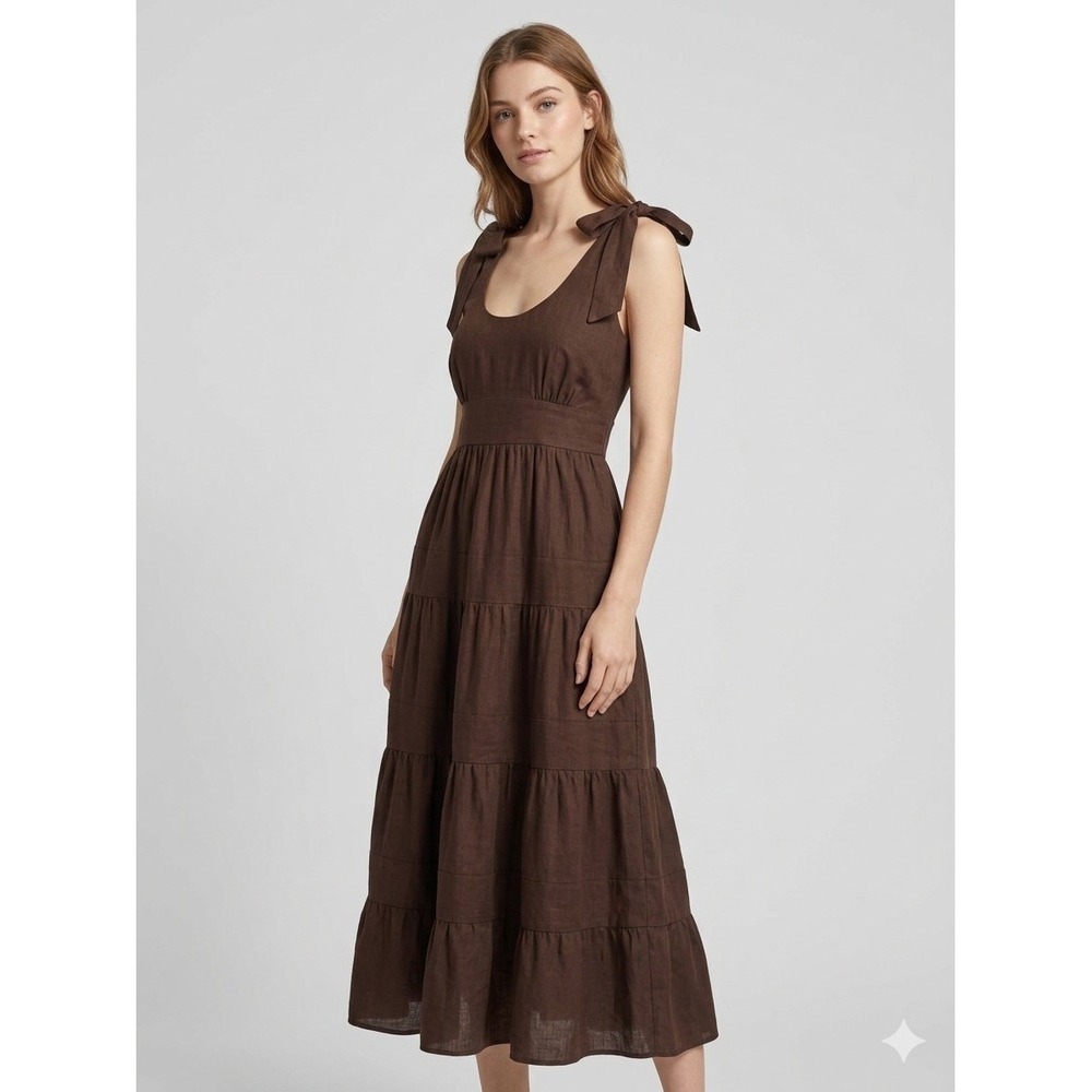 House of Harlow 1960 Brown Linen Blend Tiered Tie Shoulder Midi Dress Small NWT
